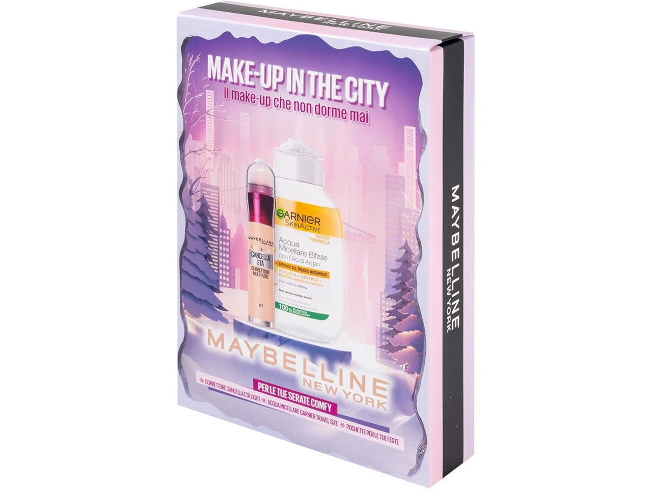 Mbeline New York cofanetto make-up con pochette, correttore cancella etÃ  01 e acqua micellare bifascia garnier travel size