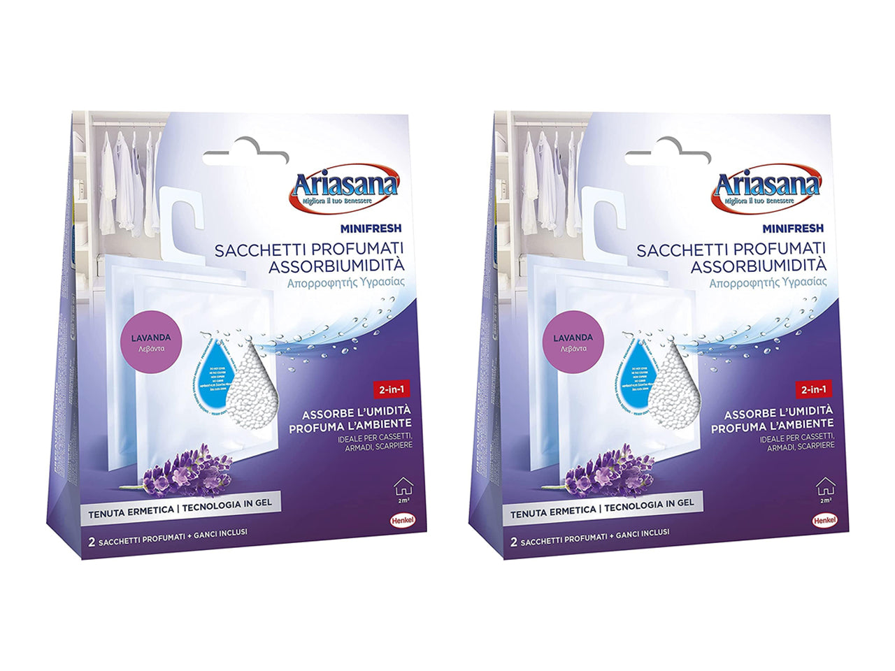 Ariasana sacchetti profumati assorbiumiditÃ  profumazione relax lavanda confezione da 2 sacchetti