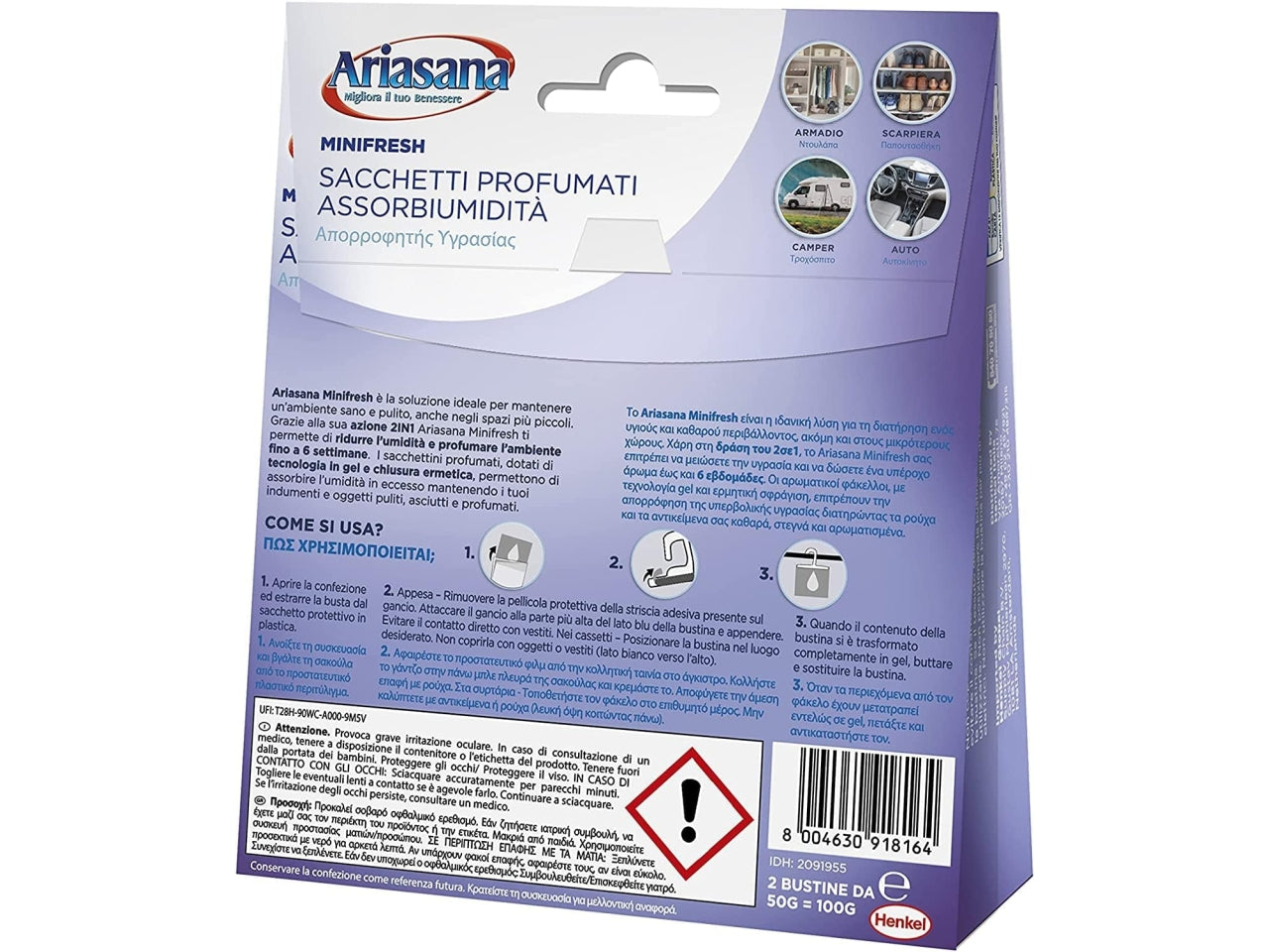Ariasana sacchetti profumati assorbiumiditÃ  profumazione relax lavanda confezione da 2 sacchetti