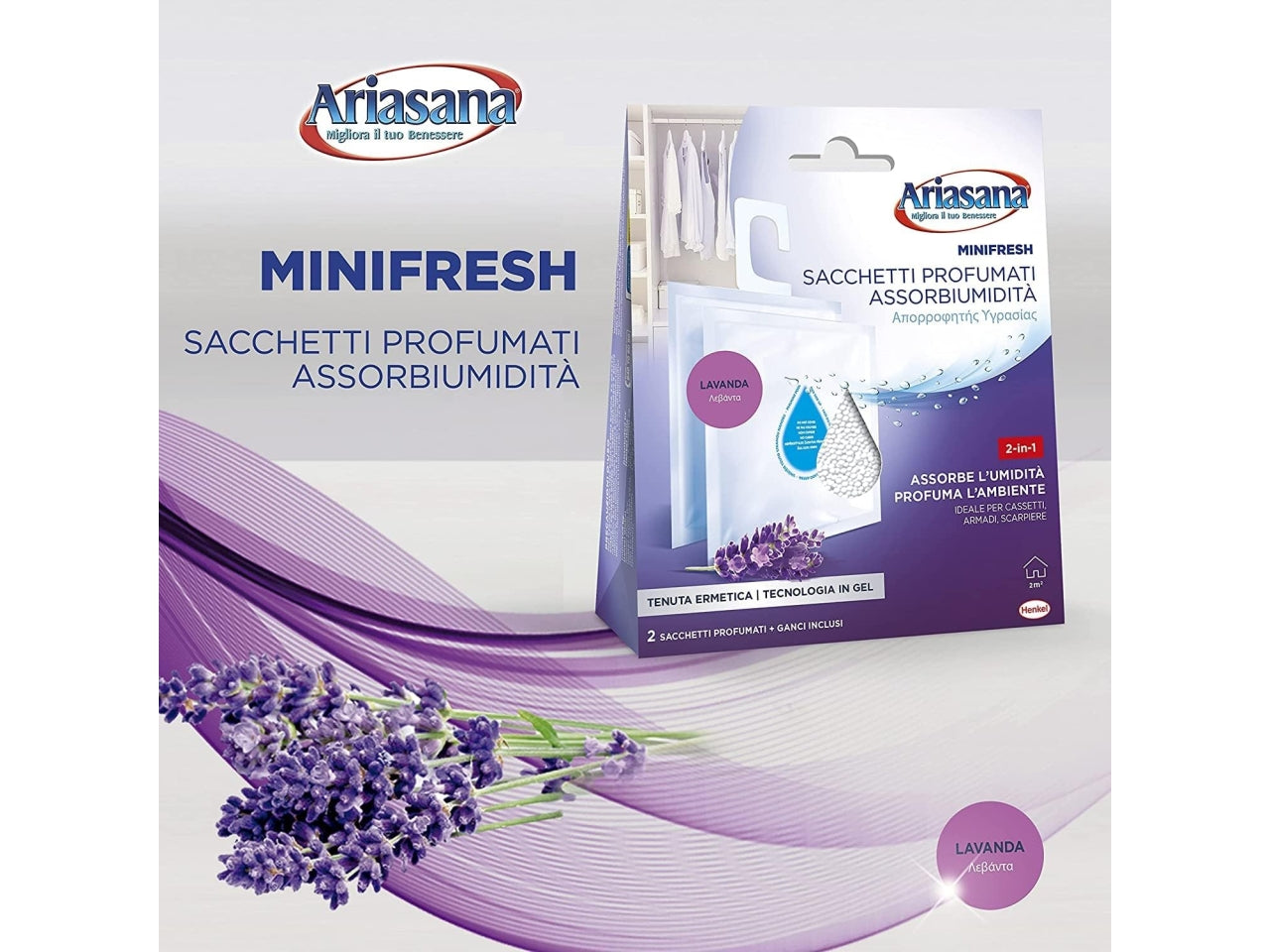 Ariasana sacchetti profumati assorbiumiditÃ  profumazione relax lavanda confezione da 2 sacchetti