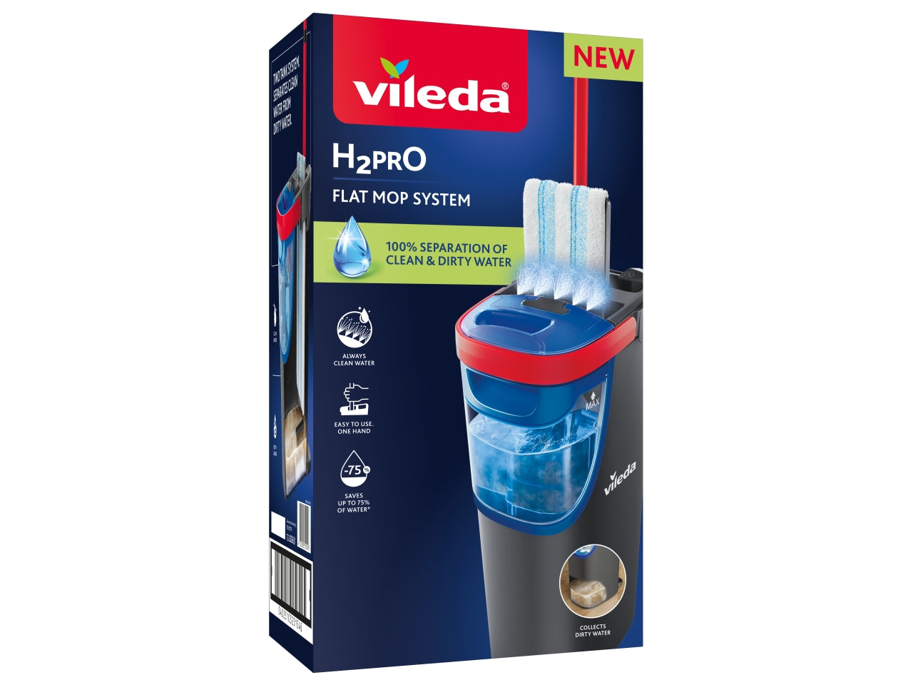 Vileda H2pro Flat Mop lavapavimenti a piastra piatta, doppio scomparto per l' acqua pulita e sporca