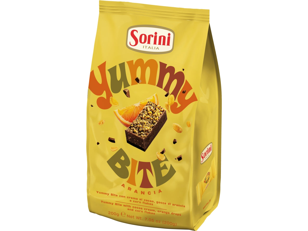 Sorini yummy bite snack con crema al cacao, gocce di arancia e corn flakes 200gr