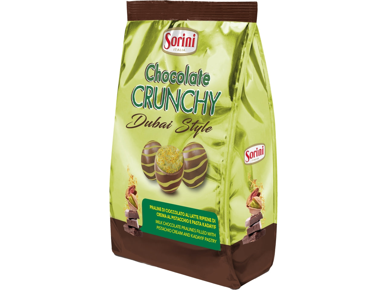 Sorini crunchy doubai style, praline di cioccolato al latte con crema di pistacchio 200gr