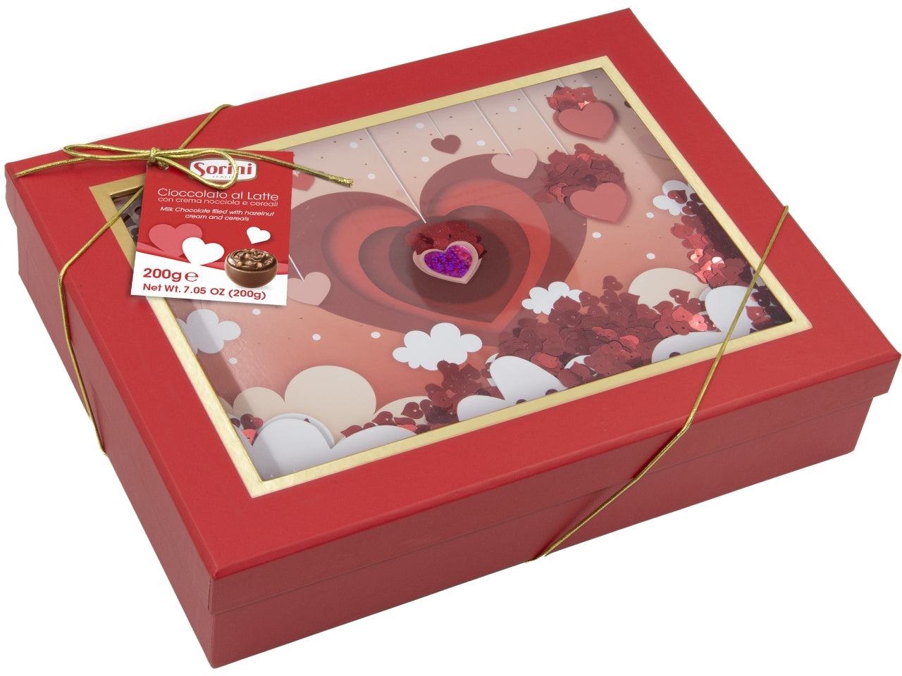 Sorini scatola 3D love box 200gr con cioccolatini al latte e ripieno di crema alle nocciole e cereali