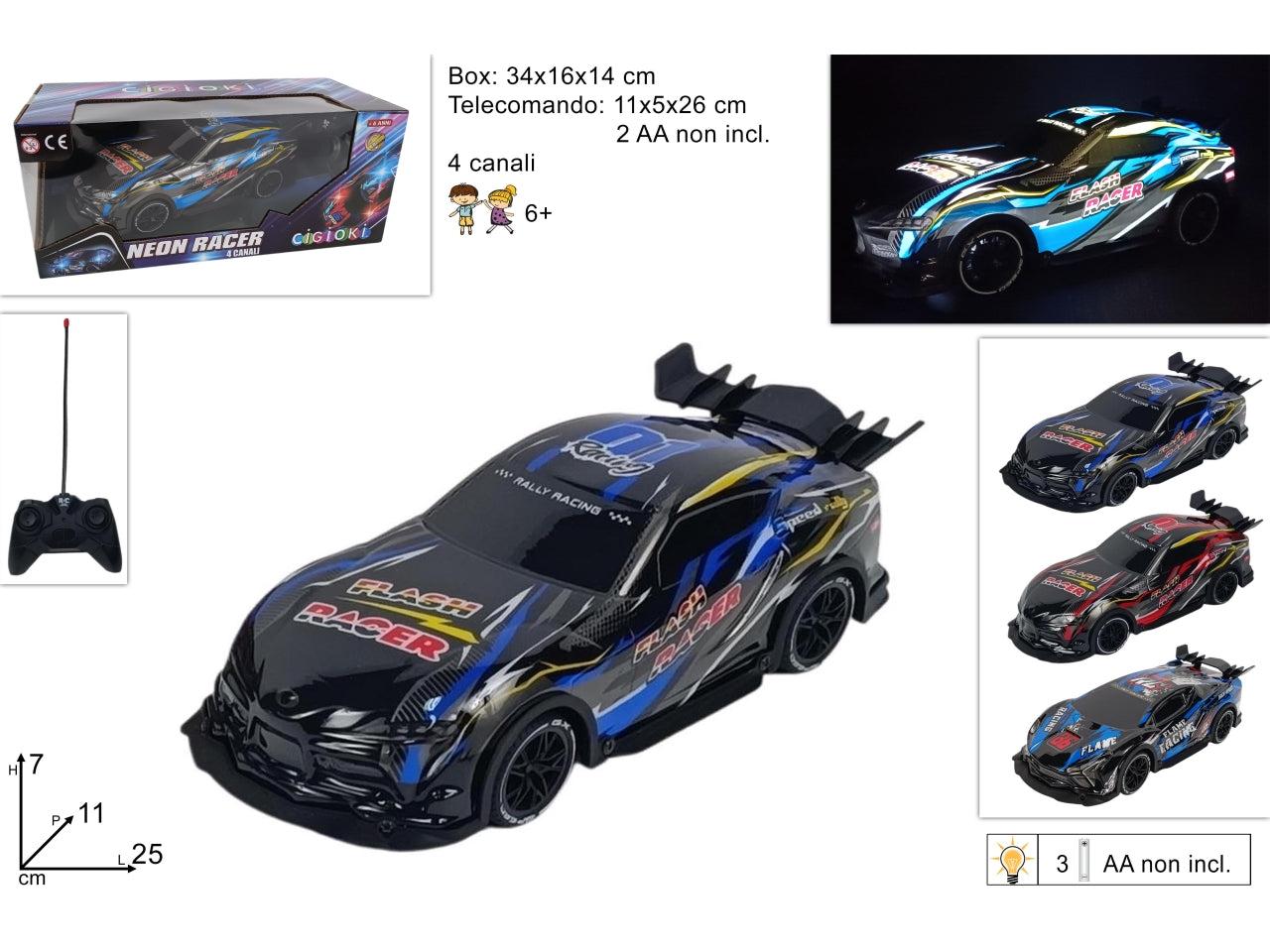 Auto sportiva radiocontroll 4canali in 3 assortimenti con luce