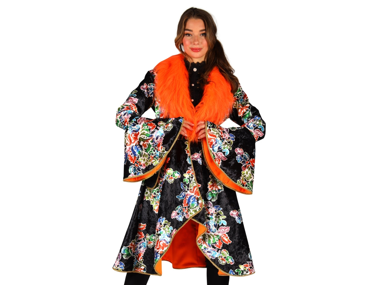 Giacca donna a fantasia con collo in pelliccia arancio