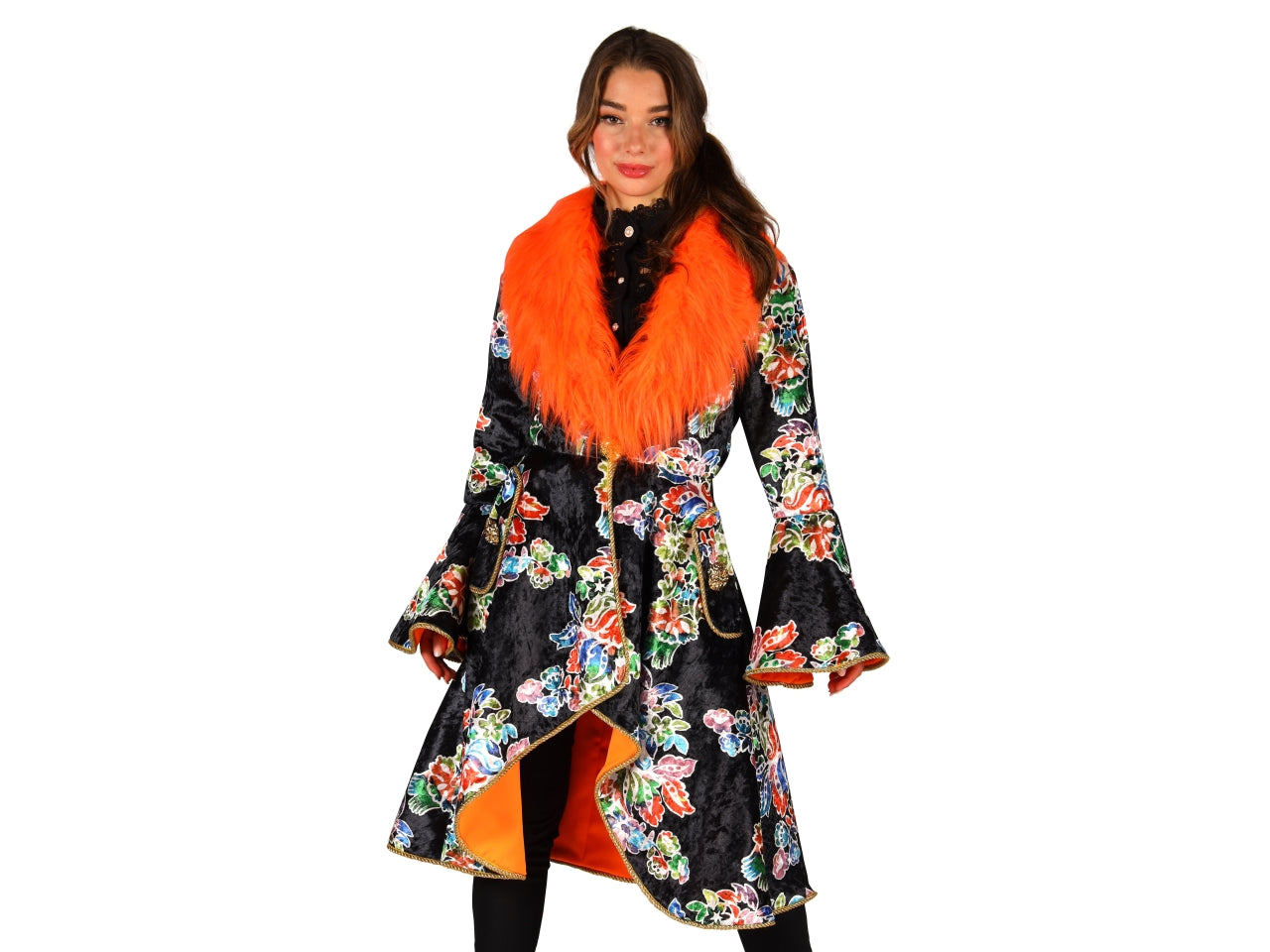 Giacca donna a fantasia con collo di pelliccia arancio taglia M