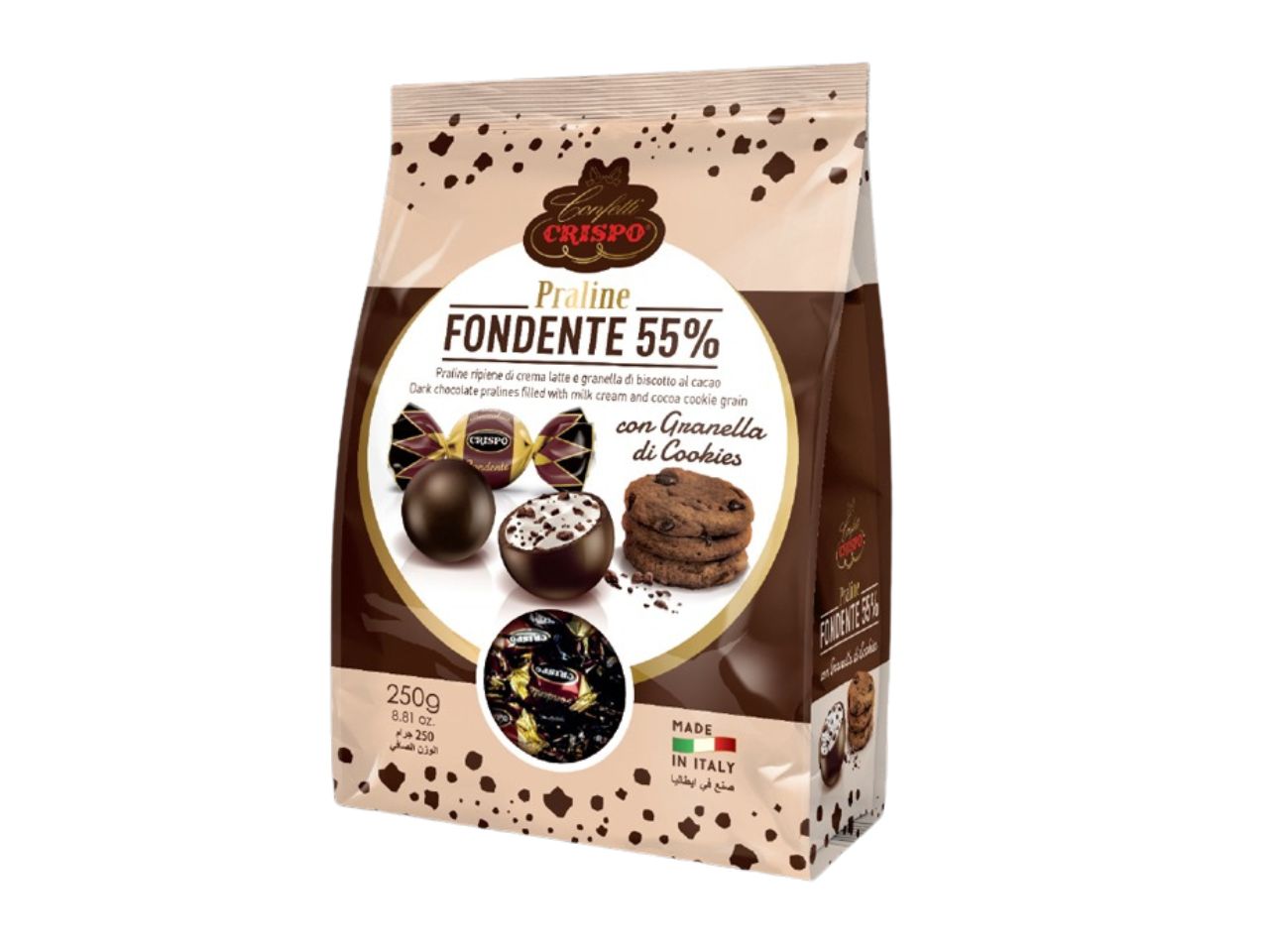 Praline cioccolato fondente al 55% con cookies confezione da gr.250