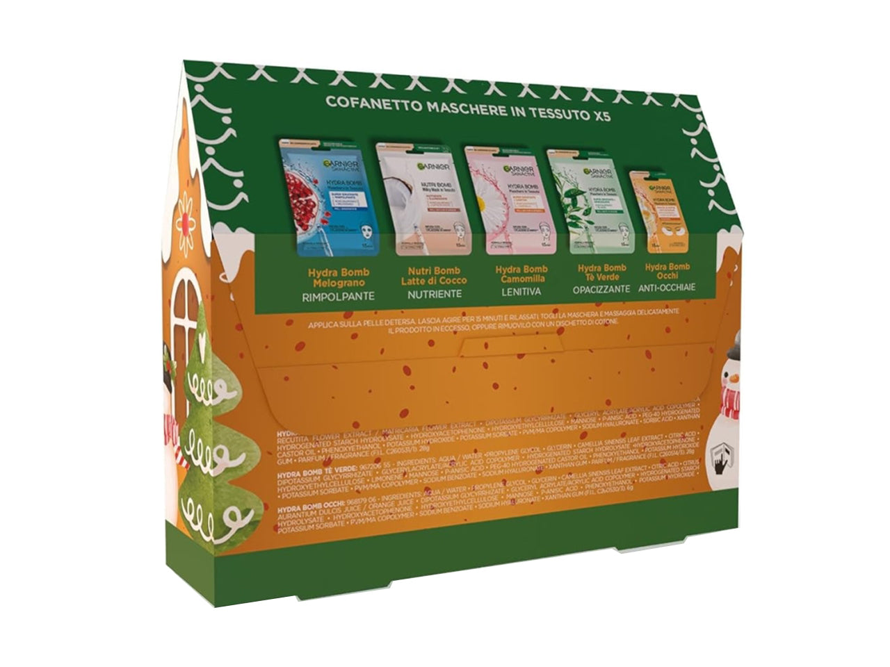 Garnier confezione regalo natale Casa Pan di Zenzero con 4 maschere Viso SkinActive in Tessuto e 1 Maschera Hydra Bomb Occhi