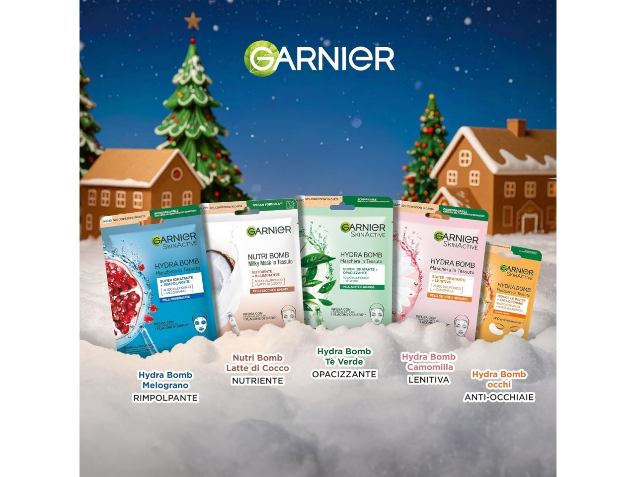 Garnier confezione regalo natale Casa Pan di Zenzero con 4 maschere Viso SkinActive in Tessuto e 1 Maschera Hydra Bomb Occhi