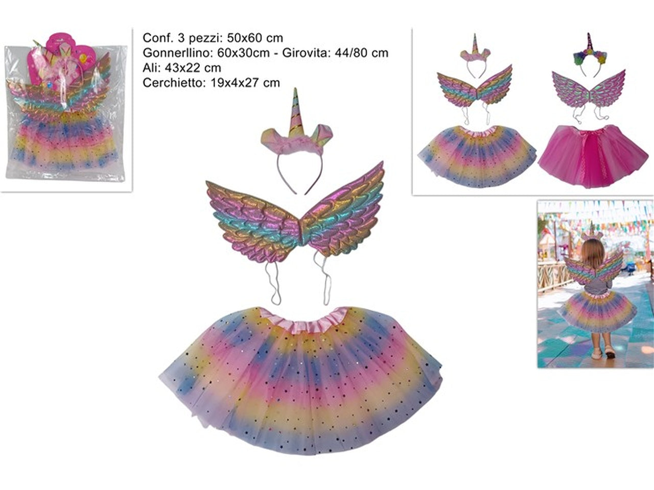 Gonnellino unicorno con cerchietto e ali