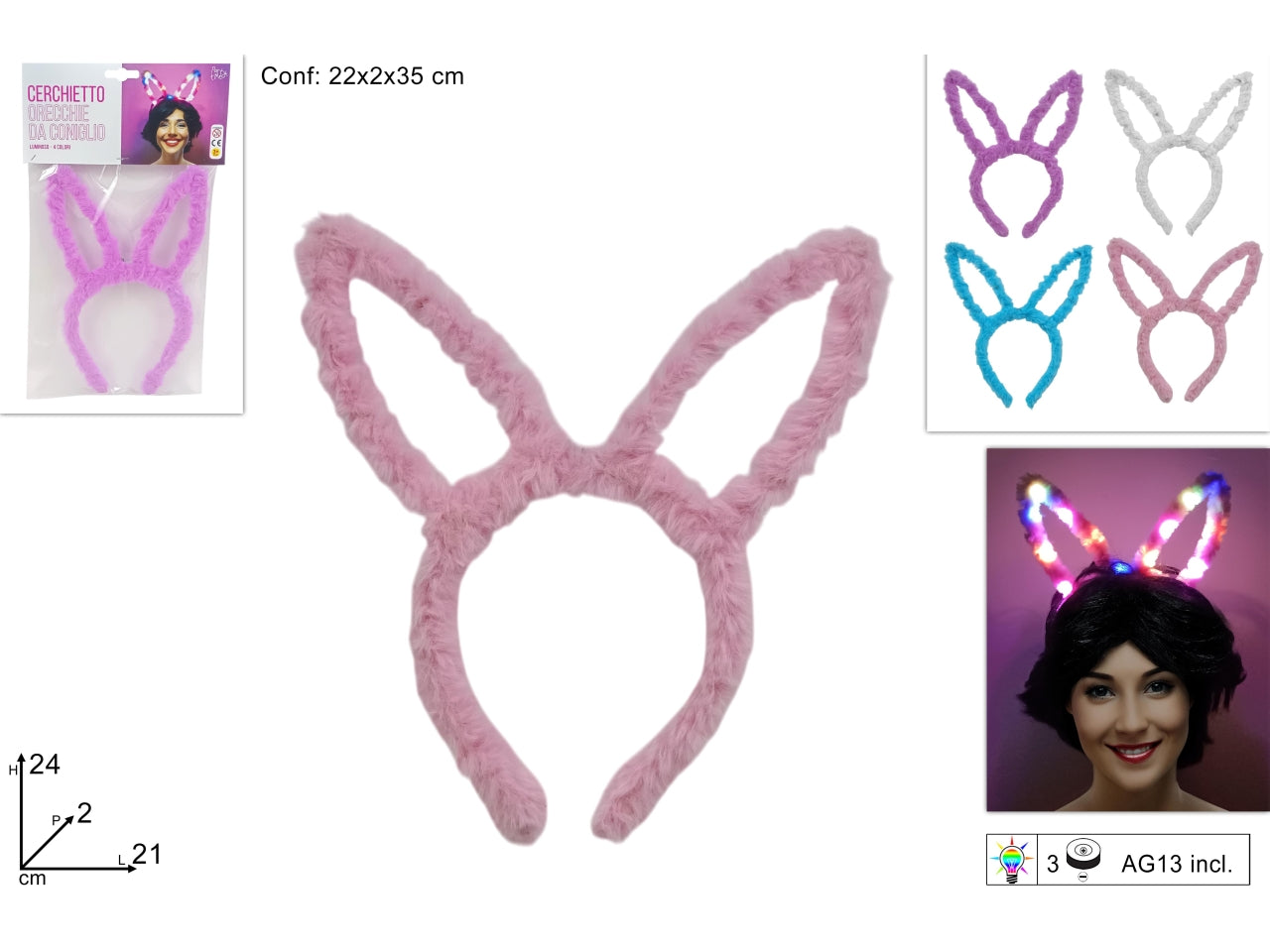 Cerchietto orecchie da coniglio in pelliccia con luce, colori asortiti
