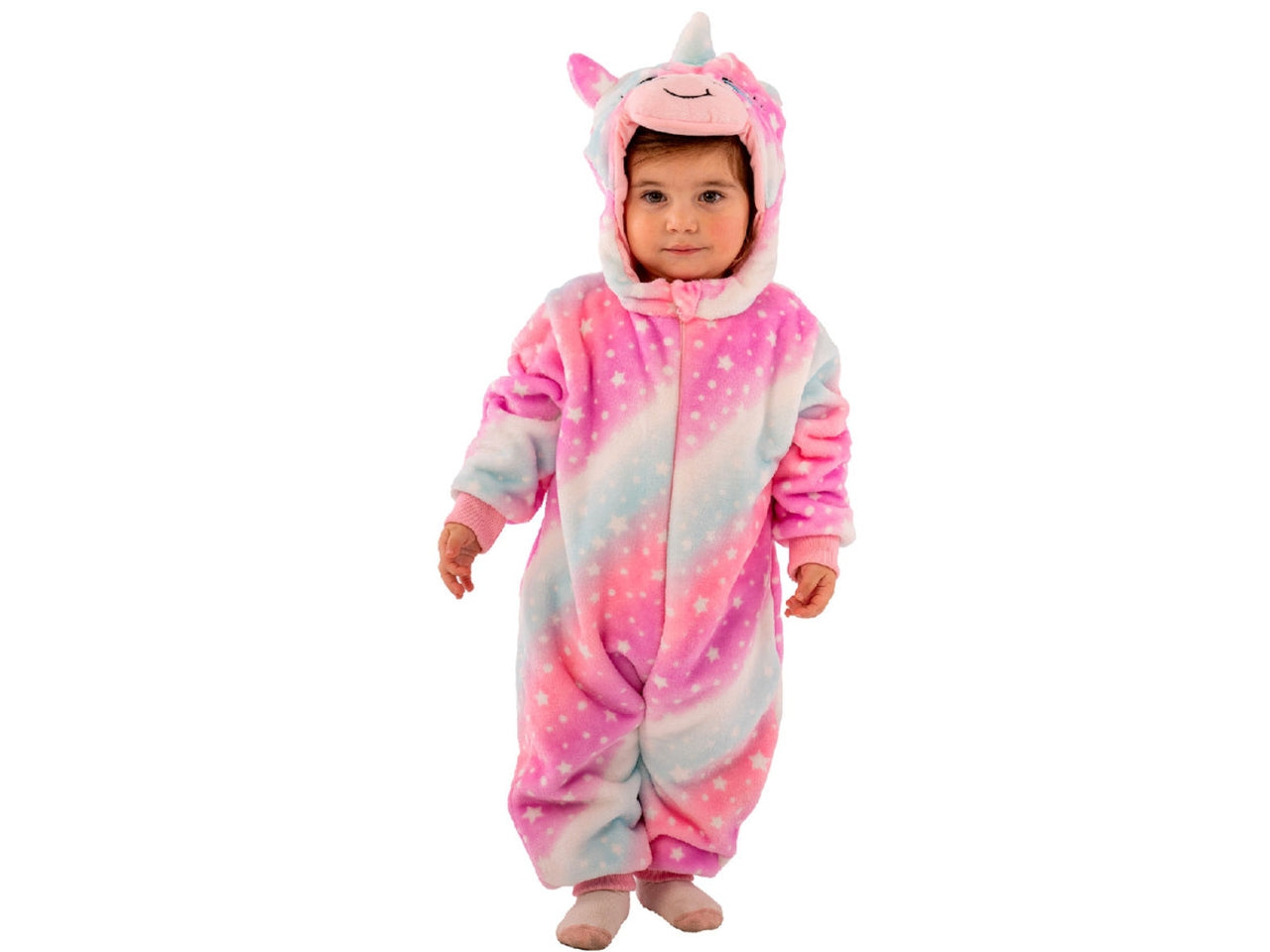 Costume unicorno, tutina in pelliccetta con cappuccio taglia II 1-2anni