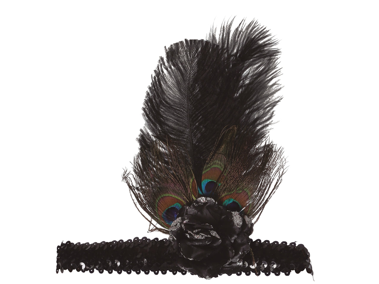 Fascia per testa con paillettes nere e piume