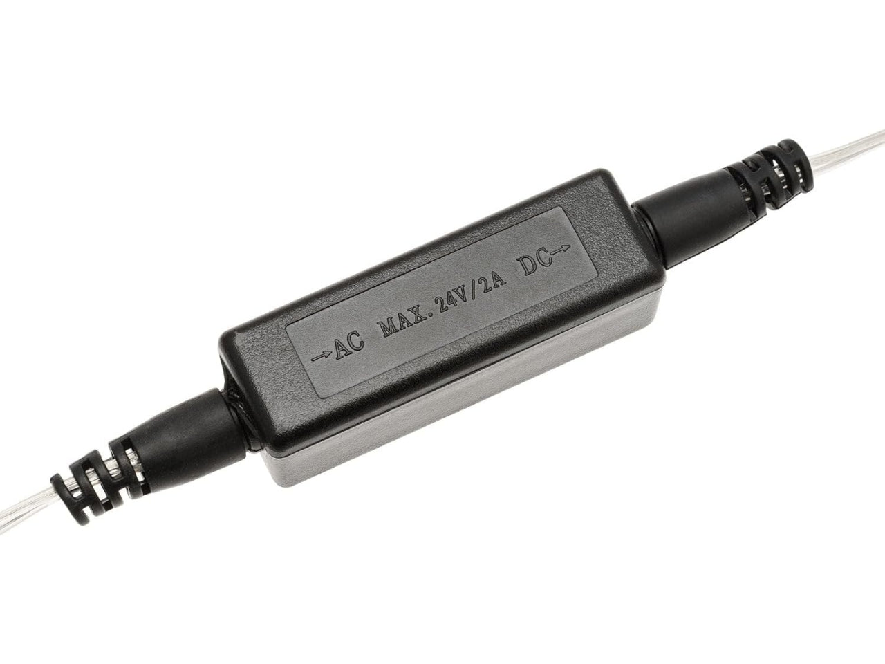 Trasformatore nero con cavo di alimentazione luce fissa e 1 connettore uscita femmina, cavo trasparente