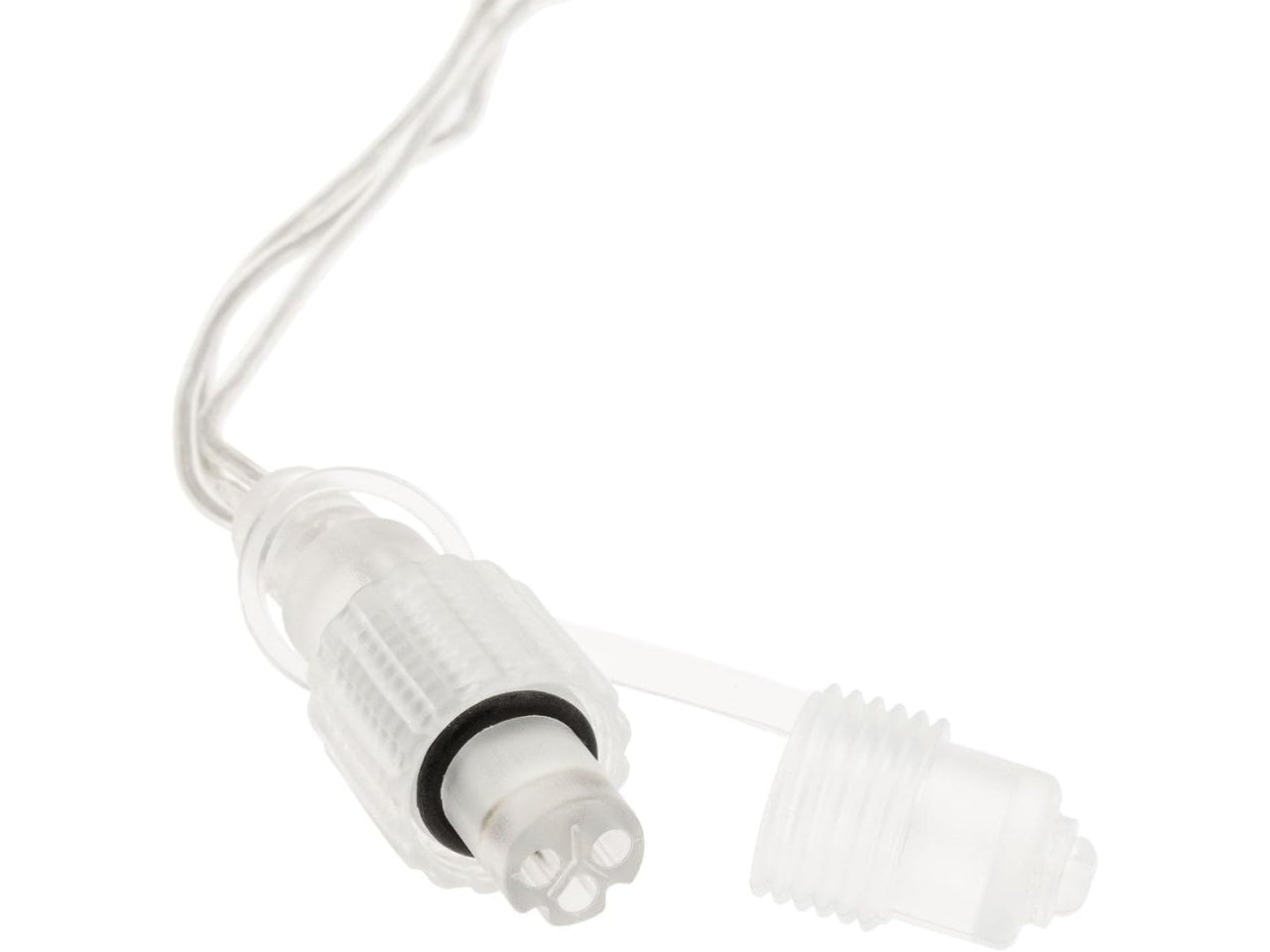 Trasformatore nero con cavo di alimentazione luce fissa e 1 connettore uscita femmina, cavo trasparente