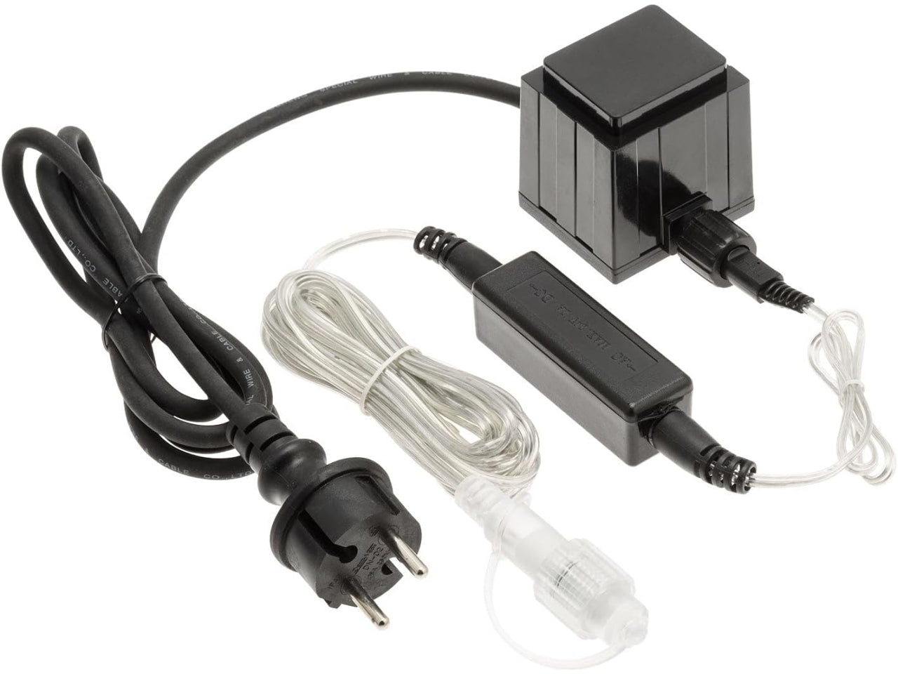 Trasformatore nero con cavo di alimentazione luce fissa e 1 connettore uscita femmina, cavo trasparente