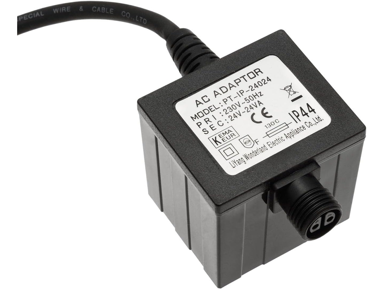 Trasformatore nero con cavo di alimentazione luce fissa e 1 connettore uscita femmina, cavo trasparente