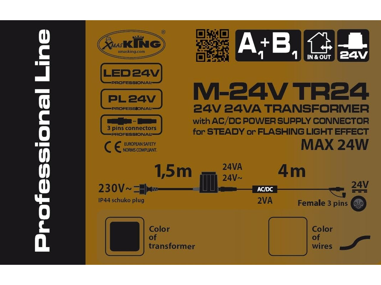 Trasformatore nero con cavo di alimentazione luce fissa e 1 connettore uscita femmina, cavo trasparente