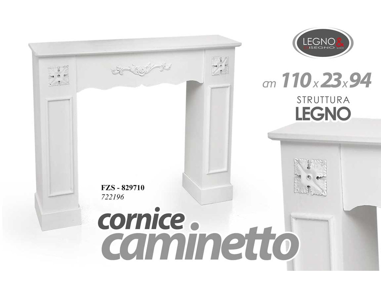 Cornice per caminetto in legno 110x23x94cm bianca