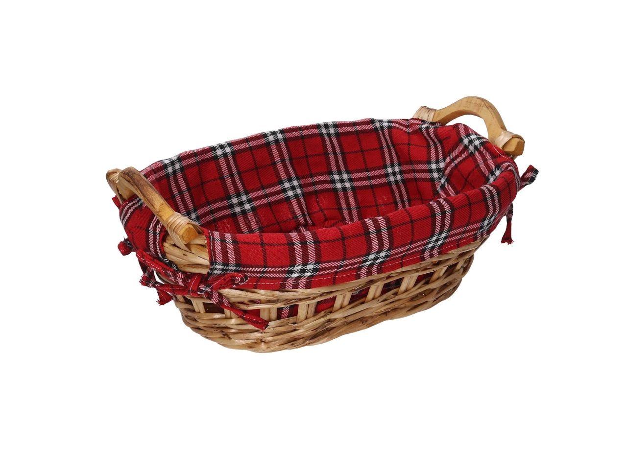 Cesta vimini naturale con fodera scozzese  rosso ovale cm33x24h11,5