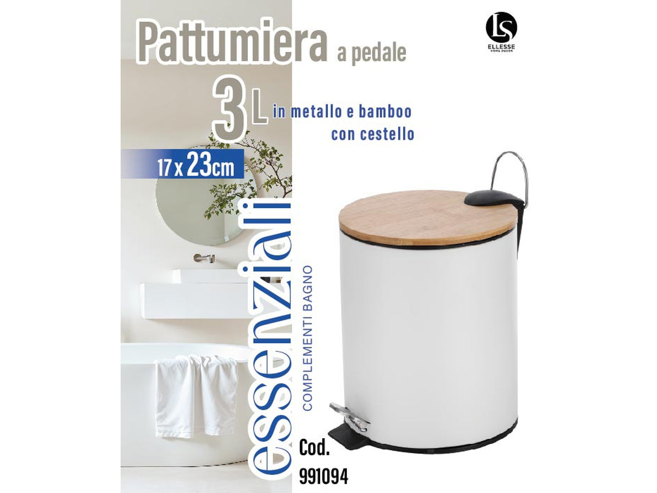 Lig pattumiera in metallo e bambu di colore bianca 17x23cm