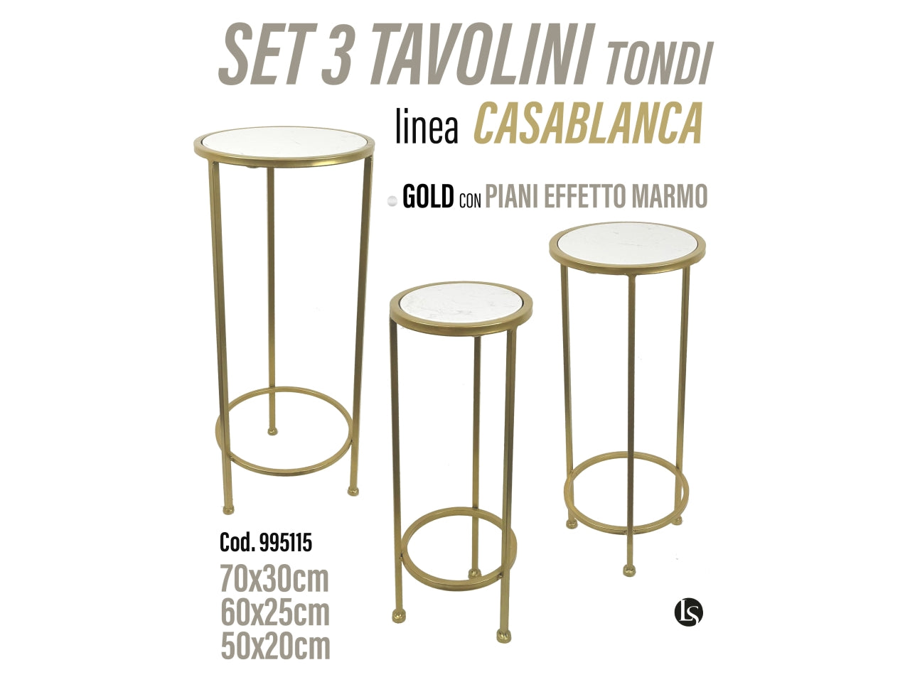 Xia set 3 colonne tondi dorati con ripiani effetto marmo 70/60/50cmh
