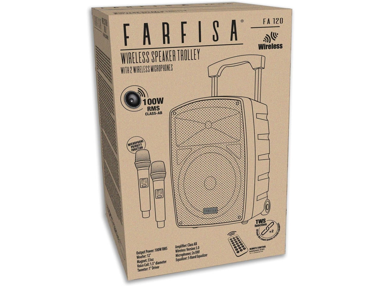 Cassa acustica wireless trolley da 100W con 2 microfoni senza filo