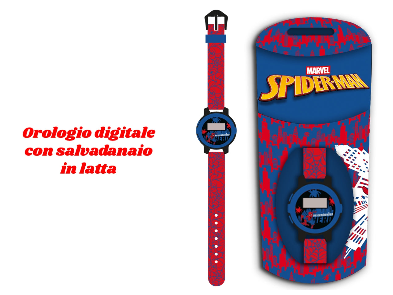Spiderman orologio digitale con salvadanaio latta
