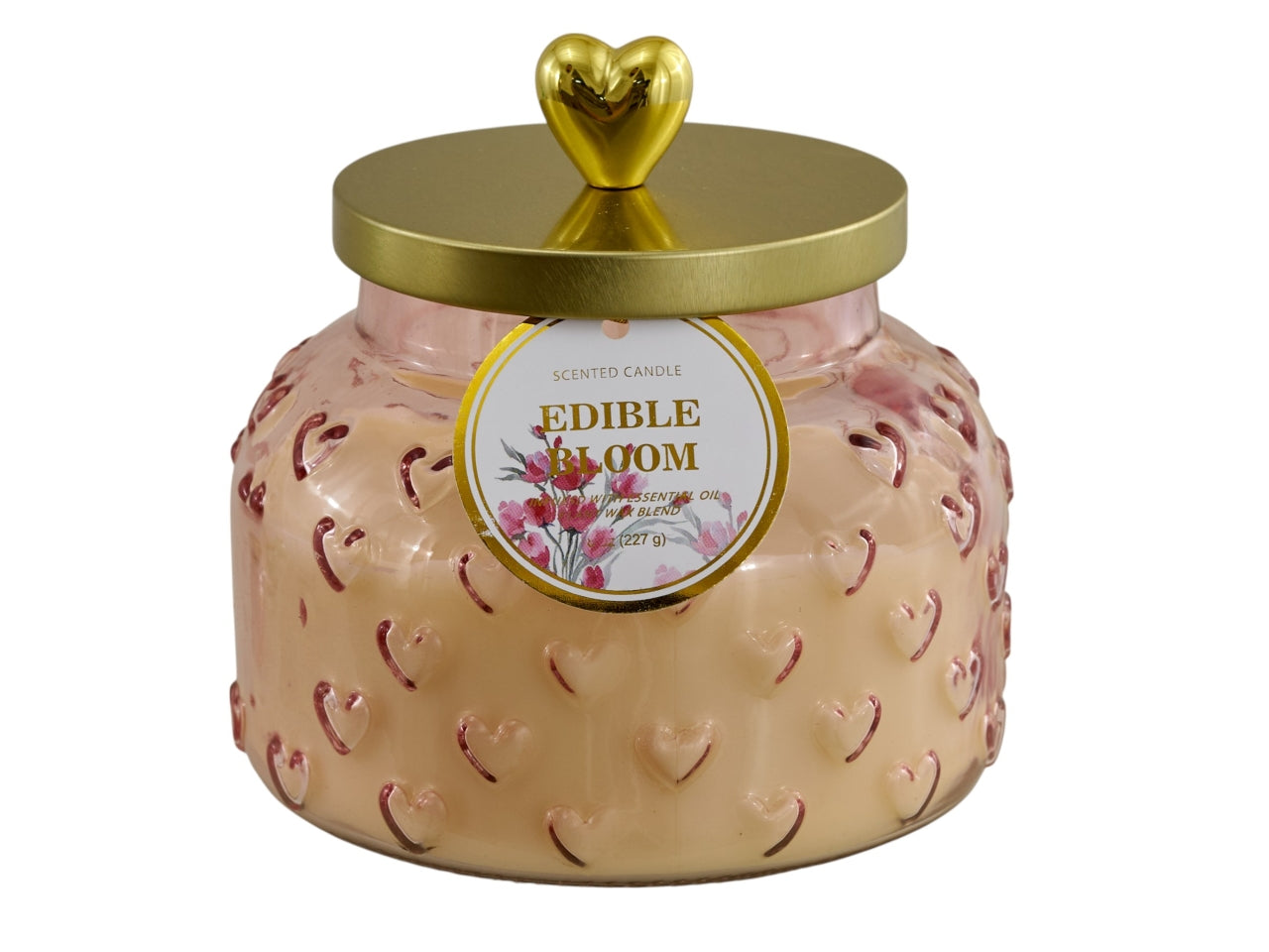 Candela barattolo in vetro bassa con coperchio cuore 12,6x12,6x10cm rosa