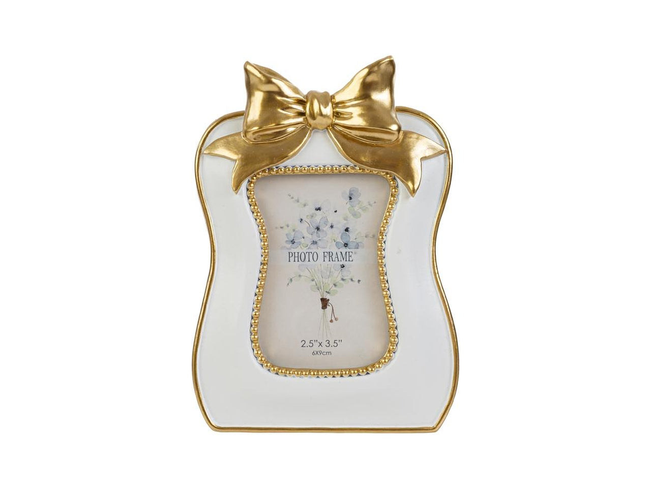 Portafoto resina bianco con fiocco oro 11x15cm esterno, 6x8cm interno