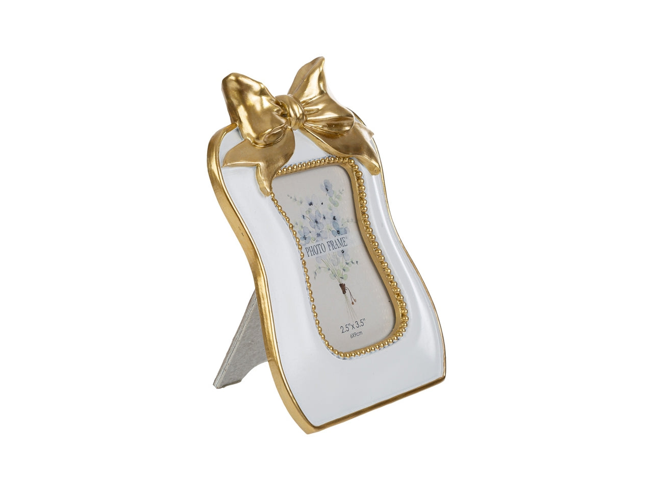 Portafoto resina bianco con fiocco oro 11x15cm esterno, 6x8cm interno