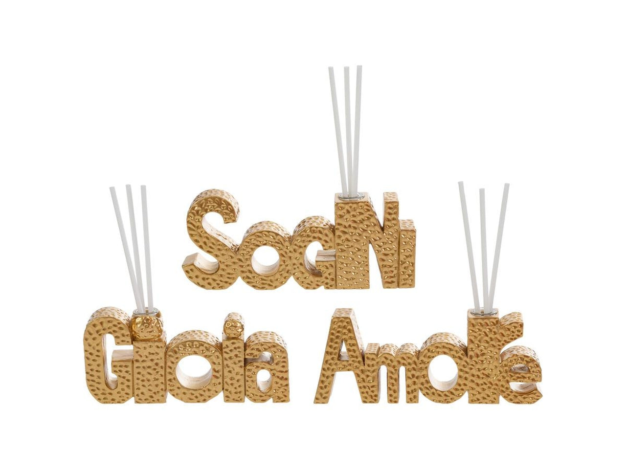 Diffusore con bacchette scritte in resina 13x12xh.6cm oro, 3 modelli assortiti