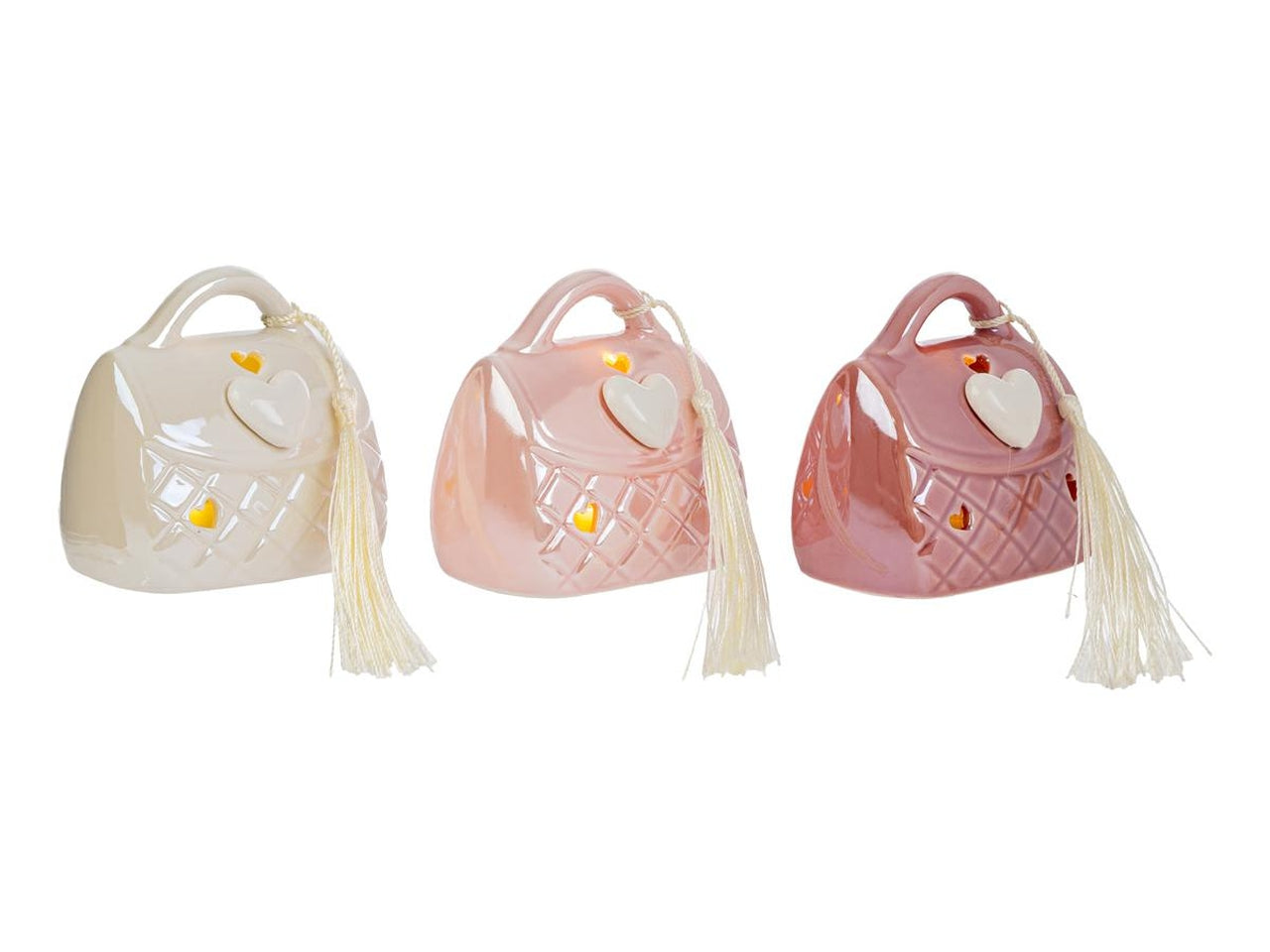 Borsetta porcellana con led 8x5,5x8cm, in 3 colori assortiti e astuccio