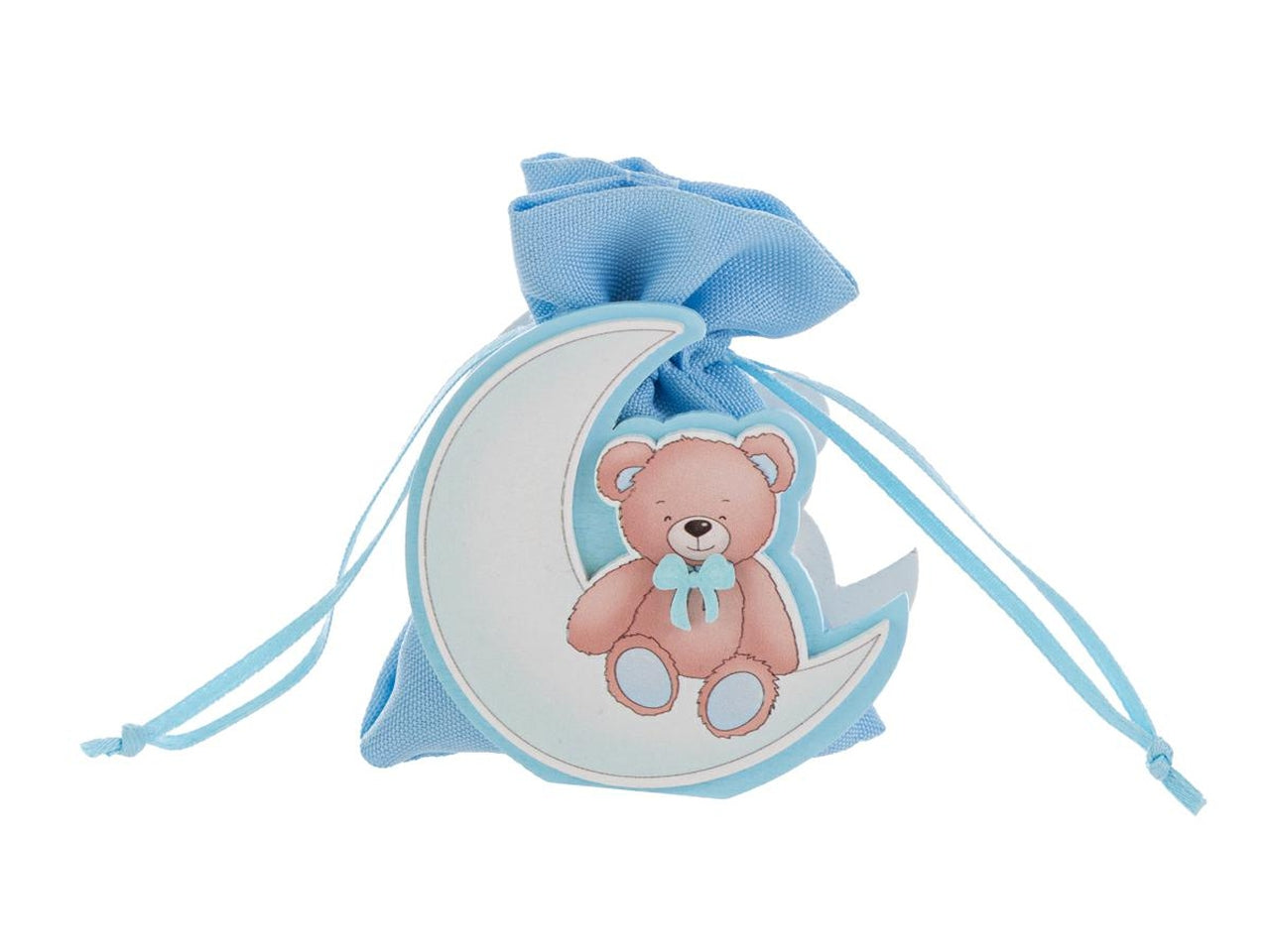 Sacchetto con orso su luna in legno 7x3,5xh.7cm celeste