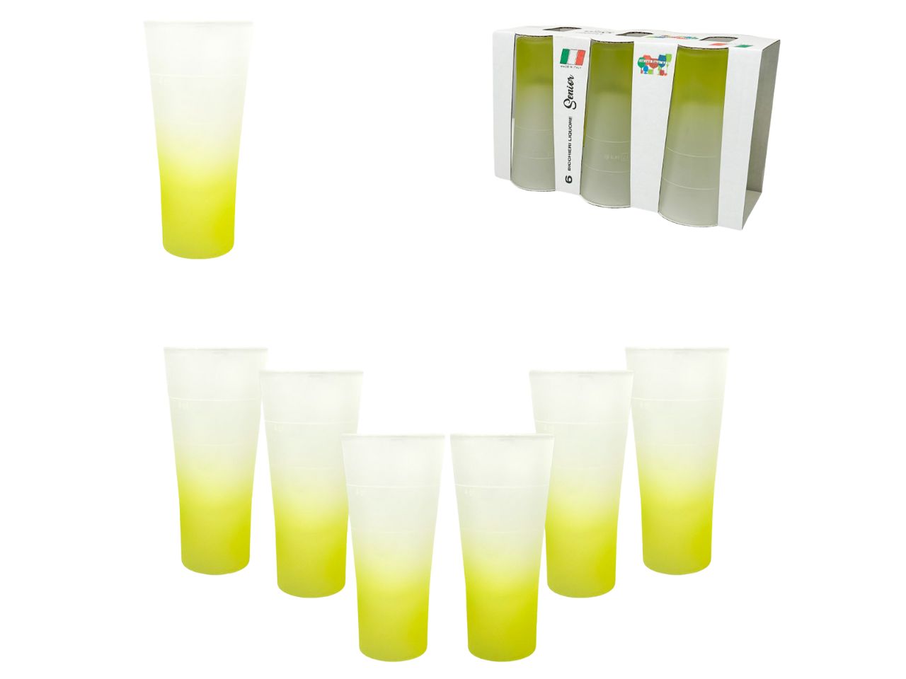 Bicchiere liquore senior  di colore giallo la scatola contiene 6 bicchieri
