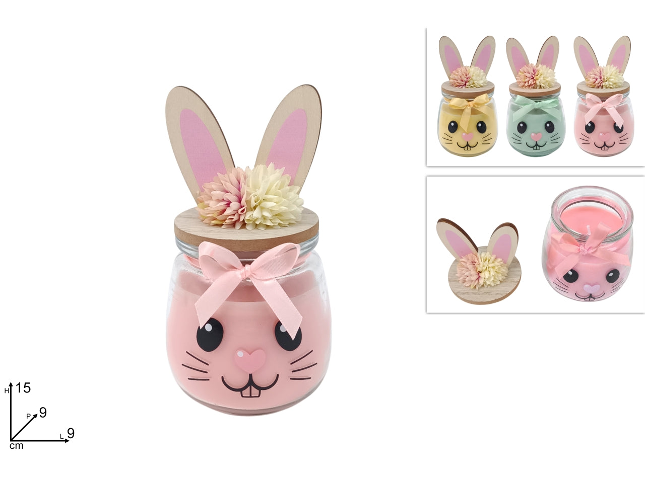 Barattolo in vetro con candela e tappo orecchie coniglio in 3 colori assortiti