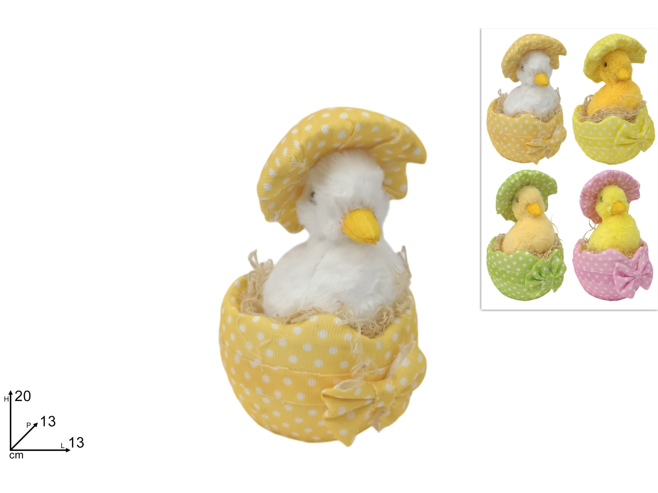 Pulcino con guscio uovo 20cm in 4 colori assortiti