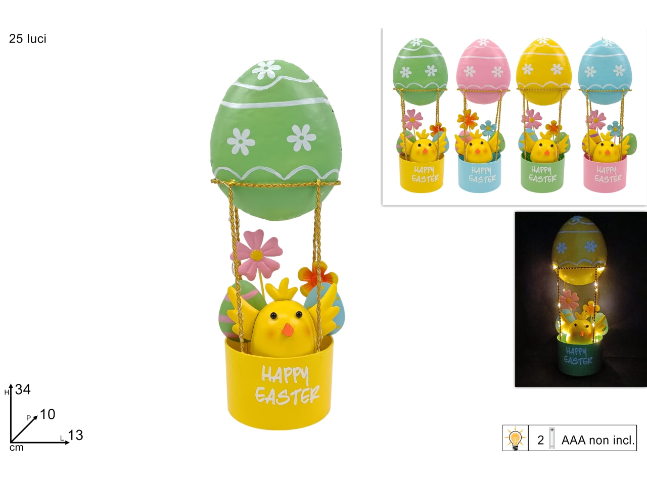 Mongolfiera uovo metallo con pulcino con filo 25 led a batteria assortita