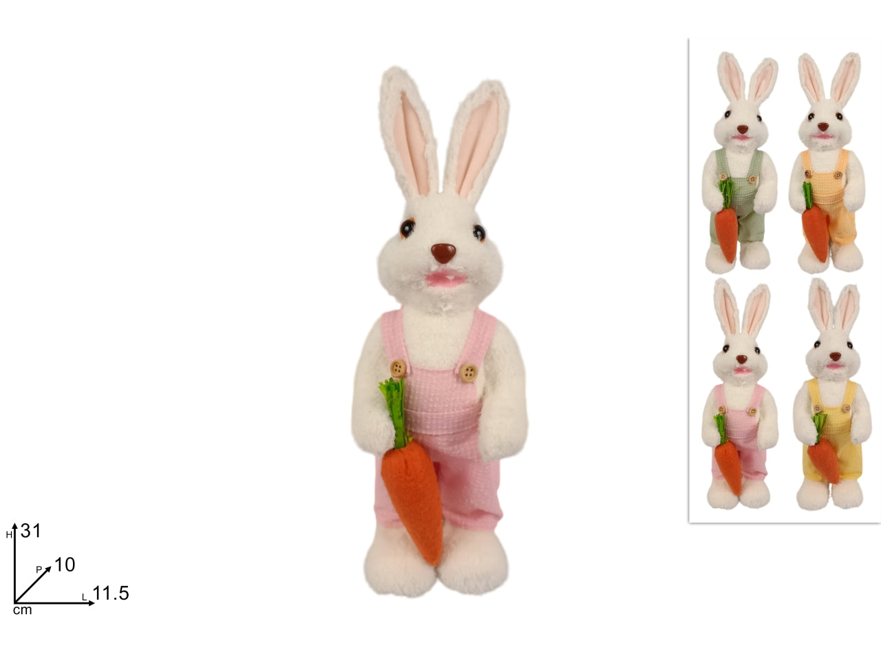 Coniglio pelliccia 31cm con carota in 4 colori assortiti