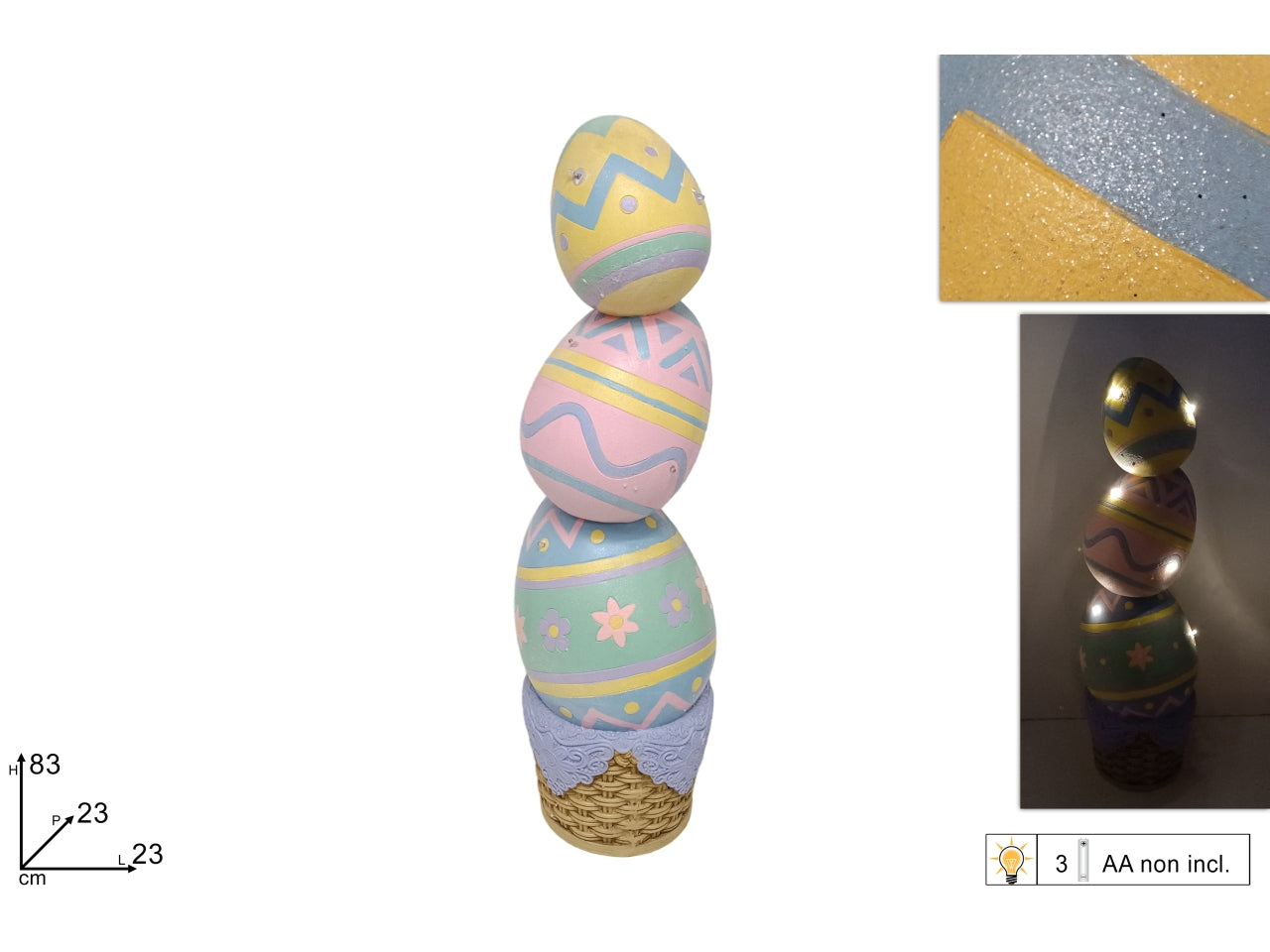Decorazione cestino con 3 uova e luci 83cm