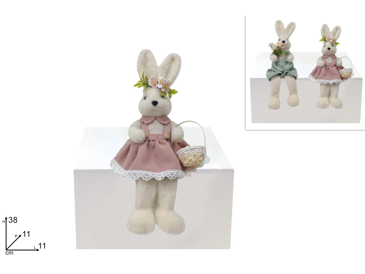 Coniglio seduto pelliccia 38cm con vestito in 2 assortimenti