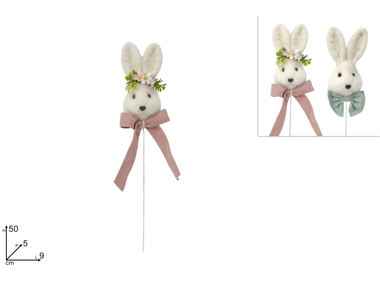 Spillone viso coniglio in pelliccia 50cm con fiocco in 2 assortimenti