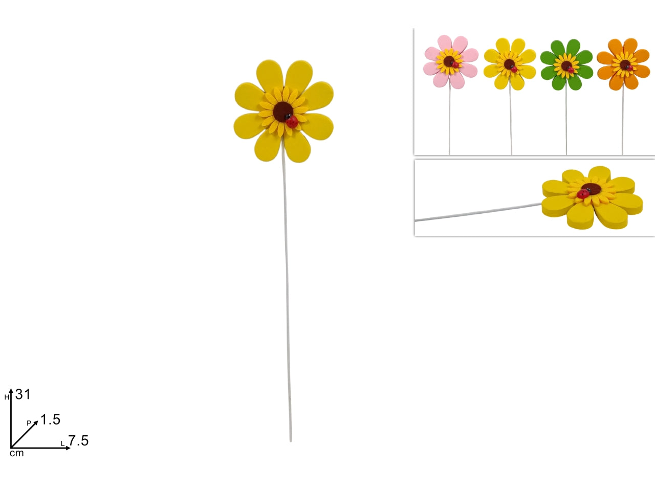 Spillone fiore girasole con coccinella 31cm in 4 colori assortiti