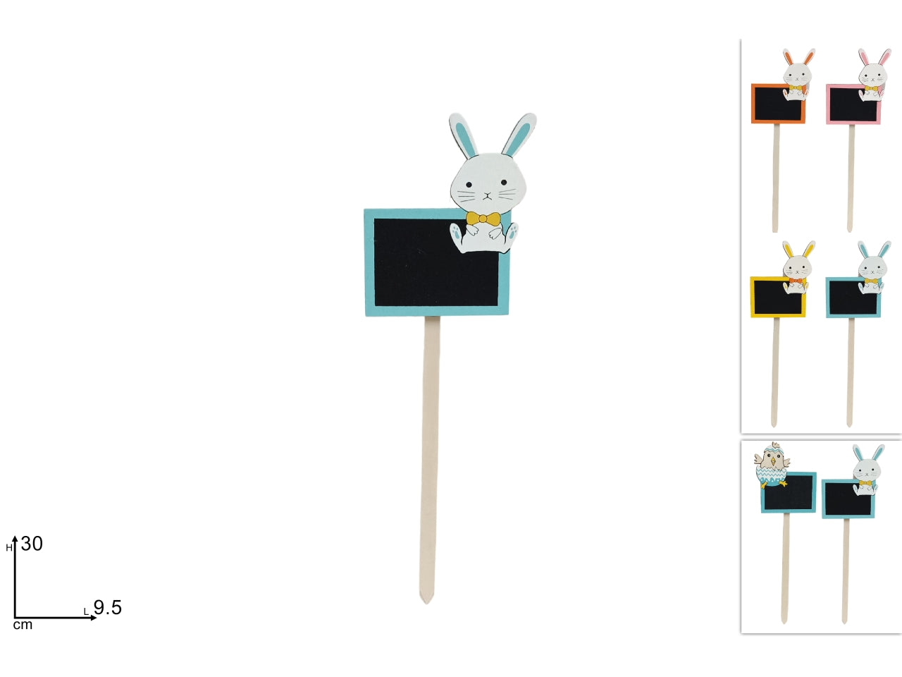 Picchetto legno con soggetto pasquale con lavagnetta in 2 assortimenti e 4 colori