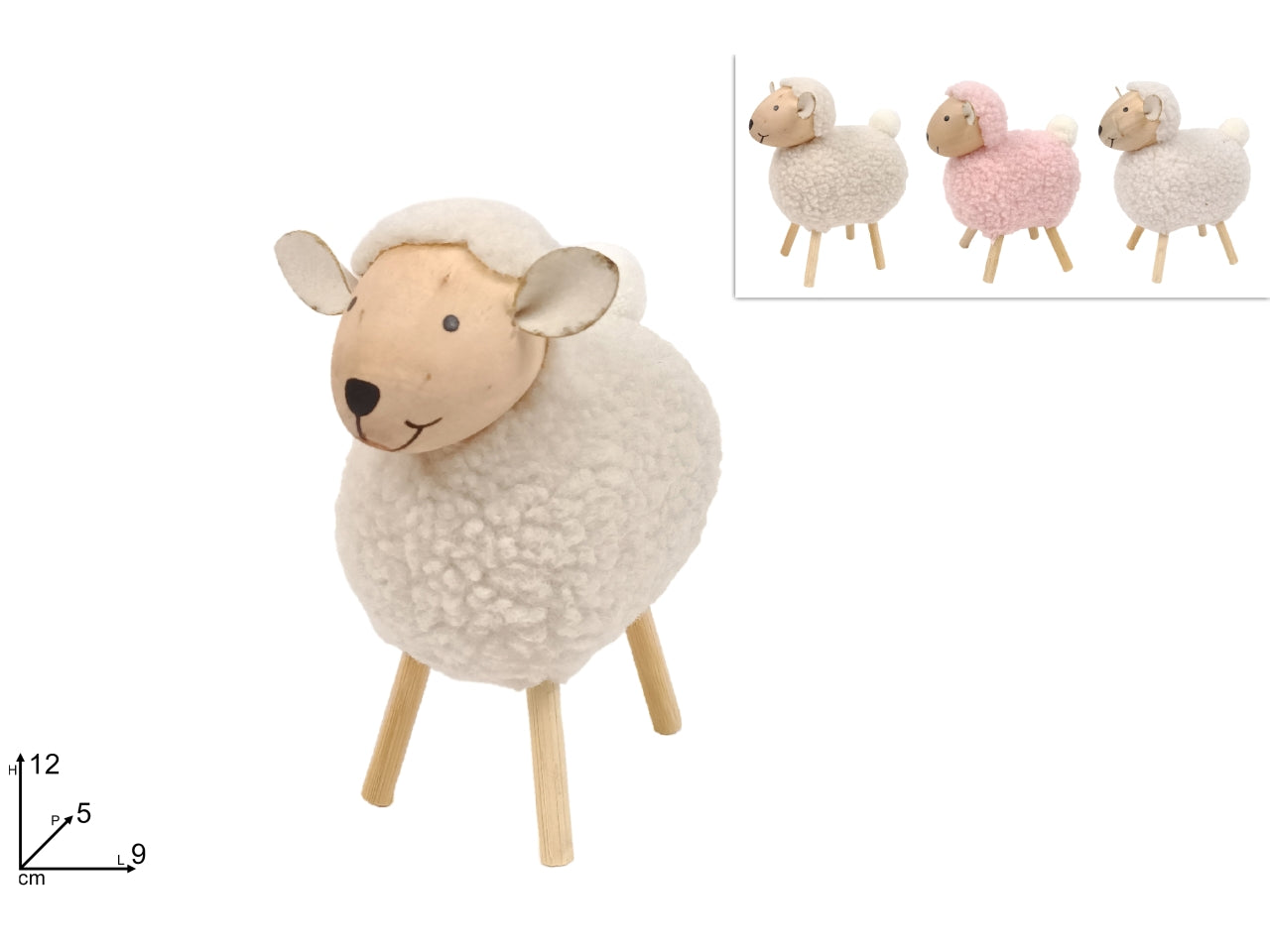 Pecora in legno con pelliccia 12cm in 3 colori assortiti