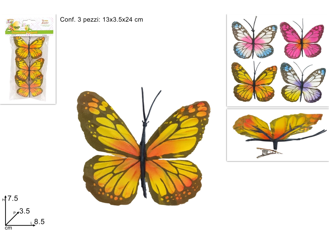 Farfalle set da 3 farfalle con pinzetta in 3 colori assortiti