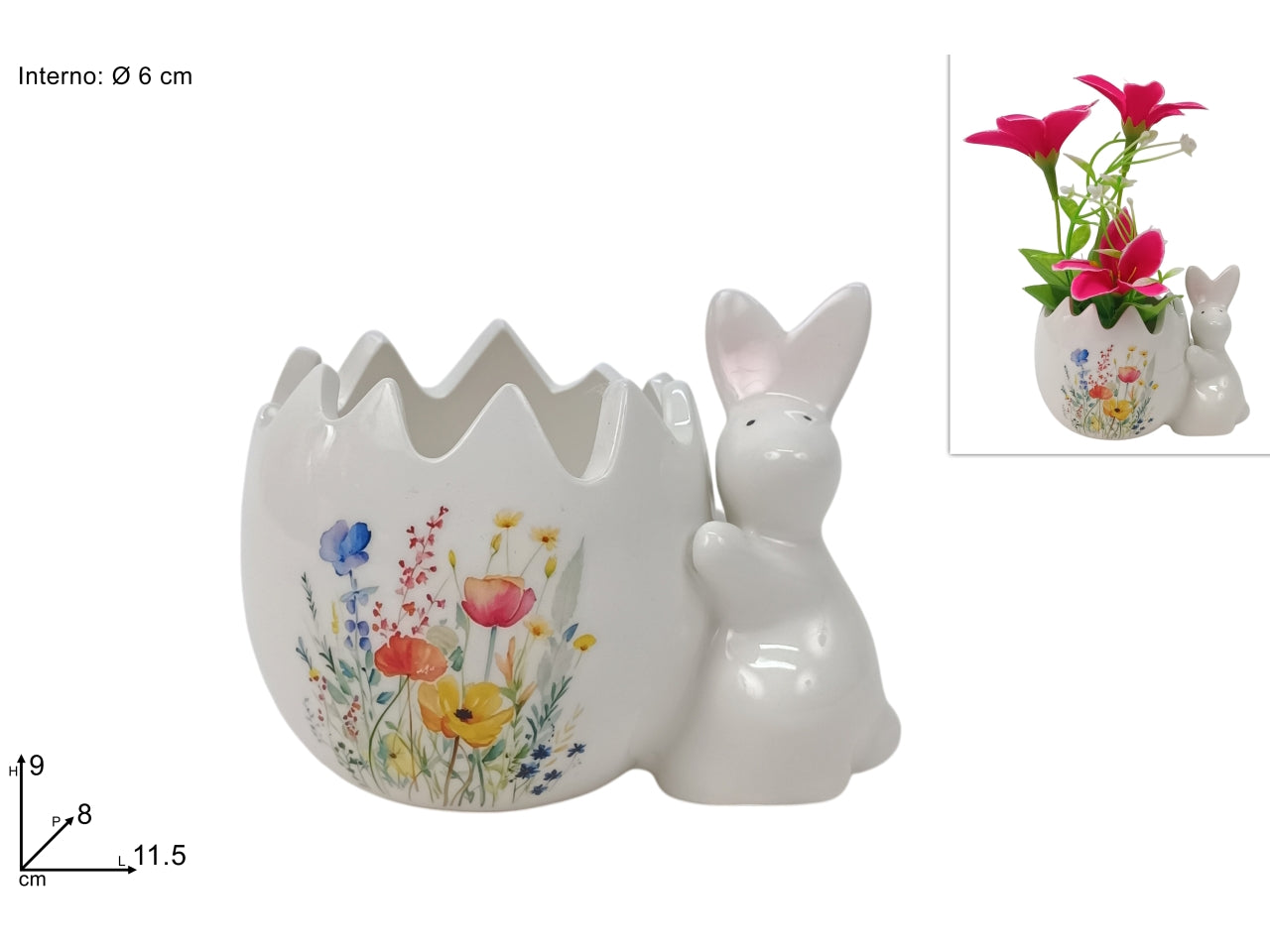Portauovo/portapianta 6cm in ceramica con coniglio decoro fiori