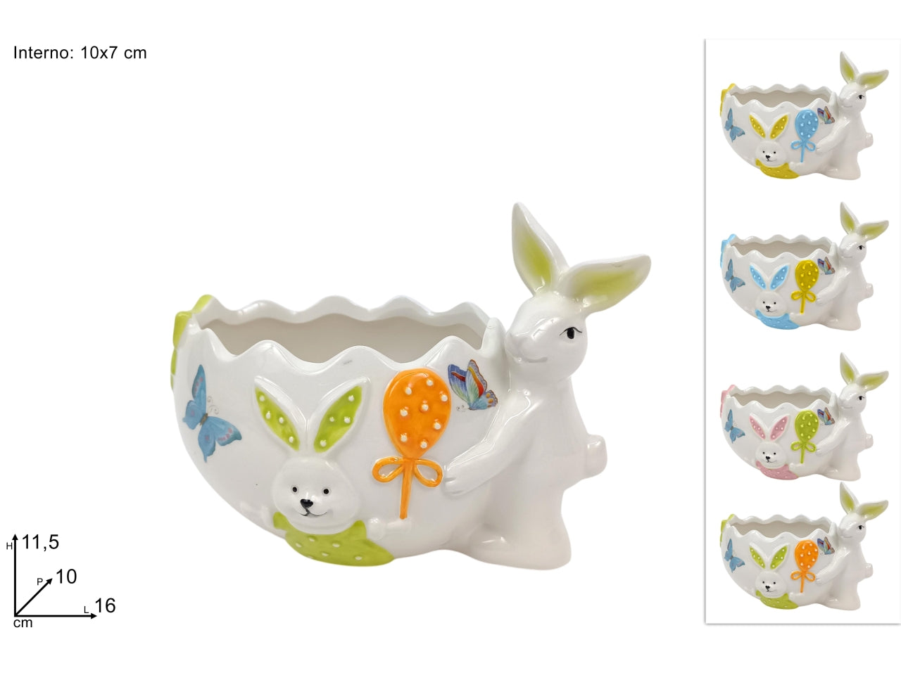 Porta uovo/pianta 10x7cm con coniglio e scenario pasquale in ceramica in 4 colori assortiti
