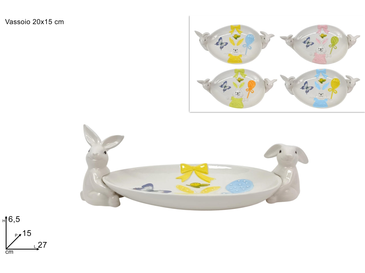 Vassoio 20x15cm con conigli in ceramica e scenario pasquale in 4 colori assortiti